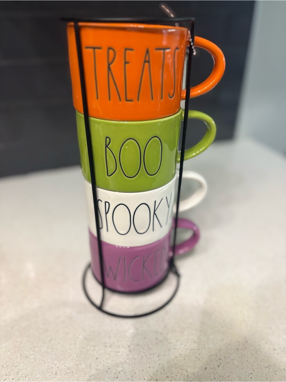Rae Dunn Stacked Halloween Mugs - Orange, Green, White, Purple